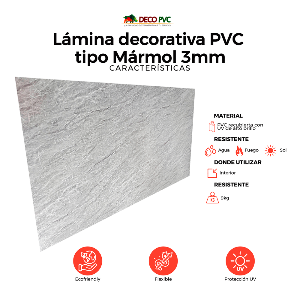 Lámina Decorativa PVC - Pacific Gray Mármol (3mm) / 1.22*2.44m