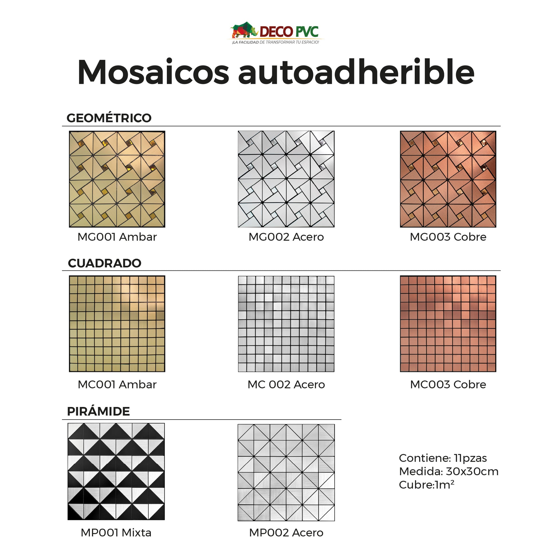 Mosaico Autoadherible Tipo Acero - DECOFILM® / 11pzas / 30*30cm