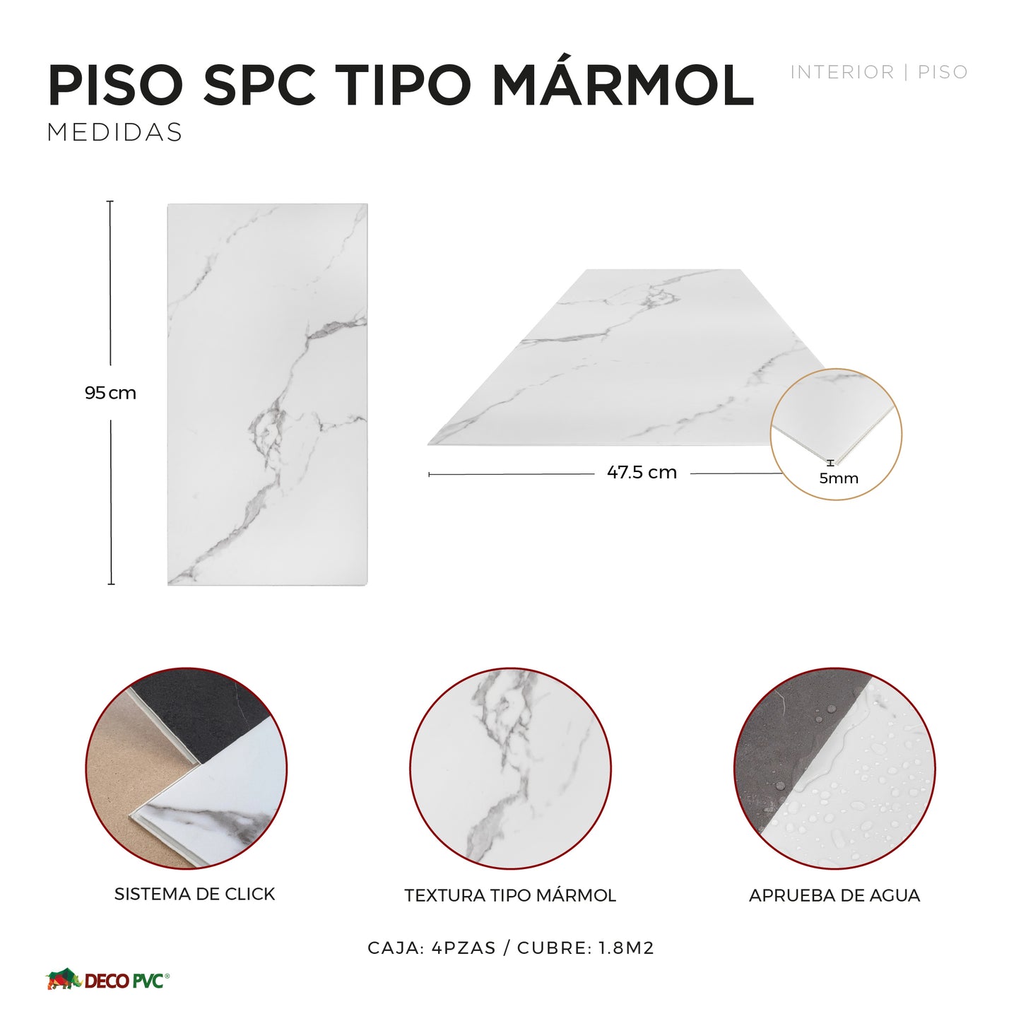 Piso SPC - Acabado Mármol / 4pzas / 47.5*0.5*95cm