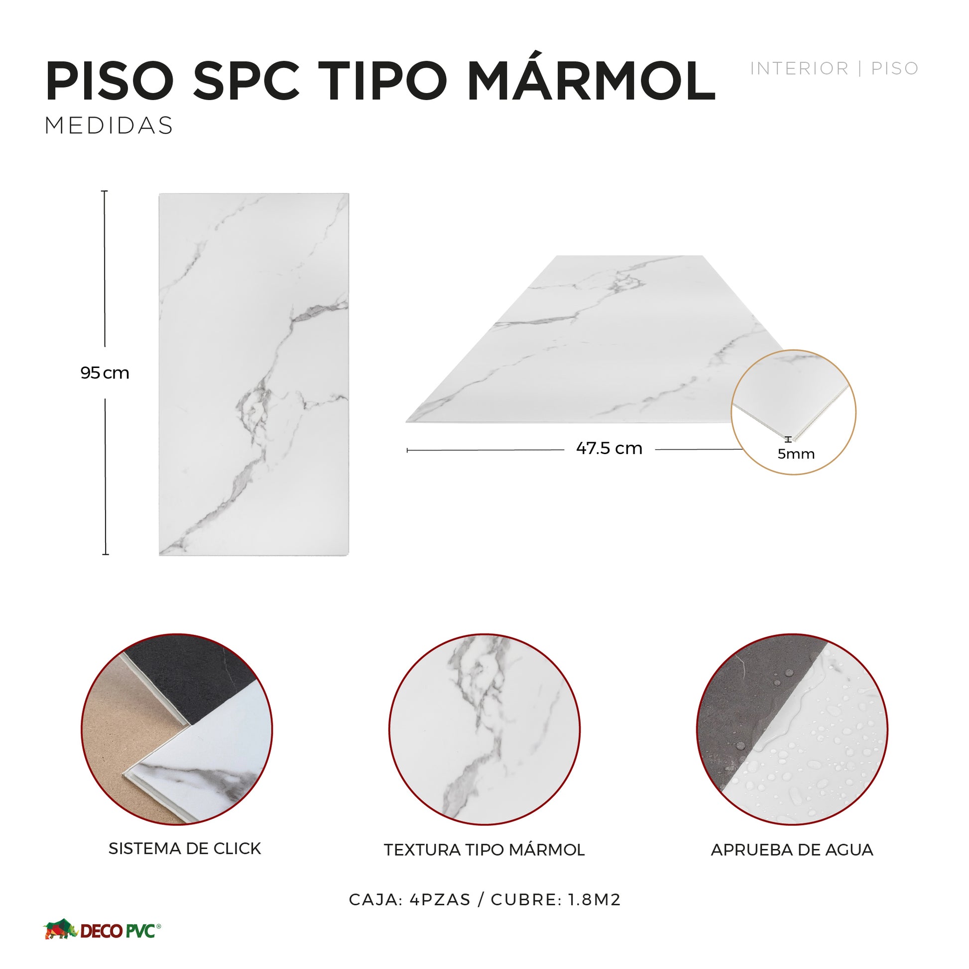 Piso SPC - Acabado Mármol / 4pzas / 47.5*0.5*95cm