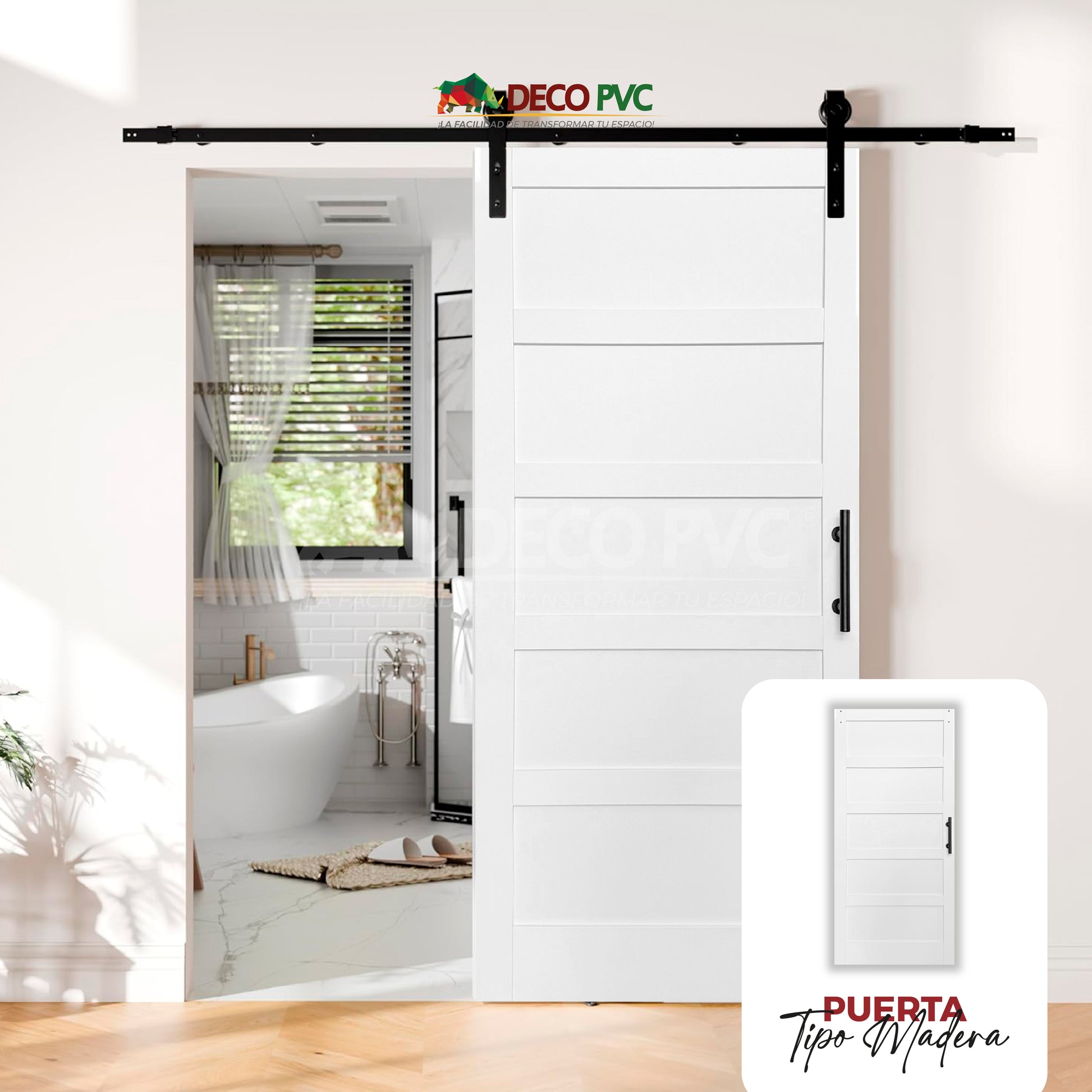Puerta corrediza tipo granero de MDF con Riel de Acero - Tipo Madera