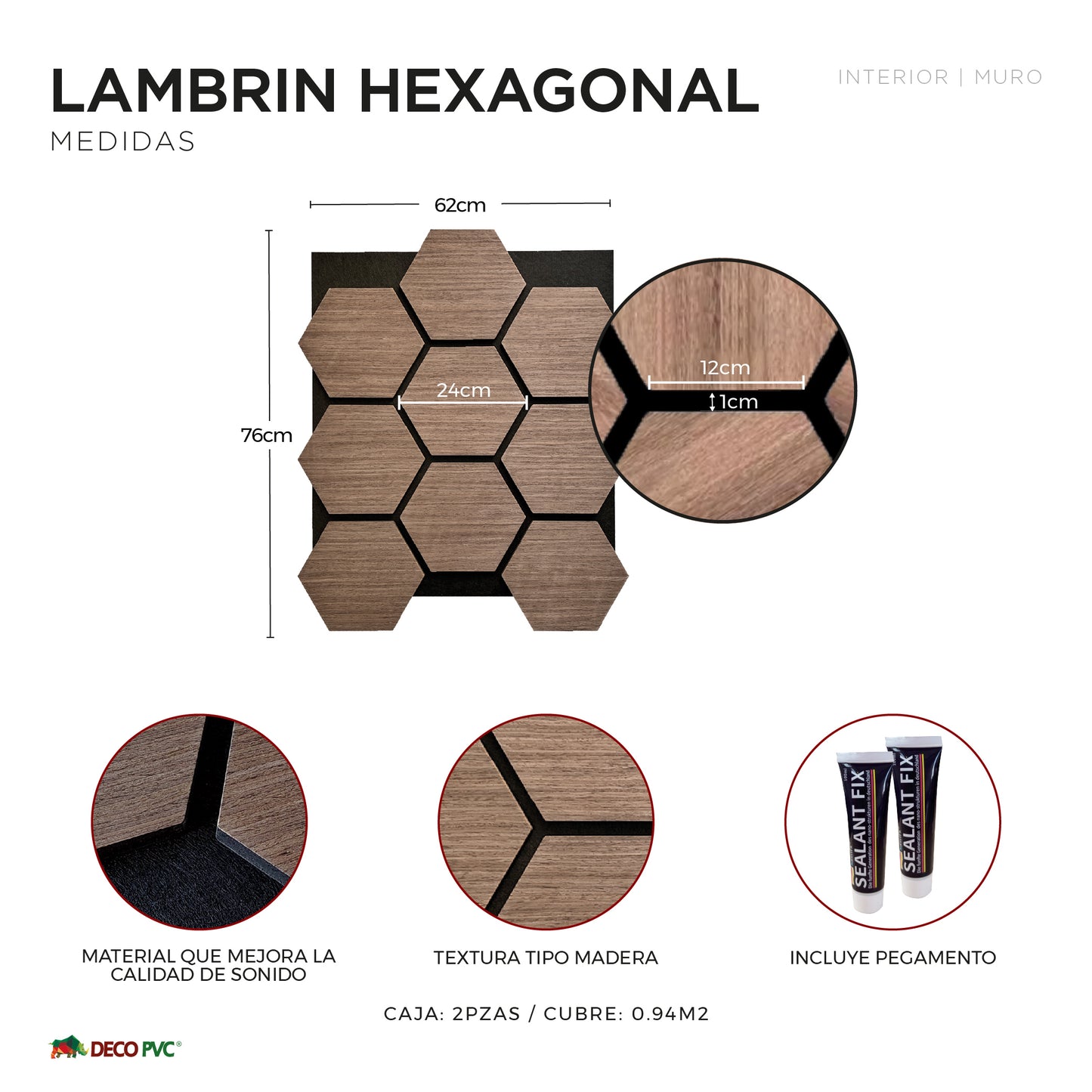 Lambrin Acústico Hexagonal / 2pzas / 62*76cm
