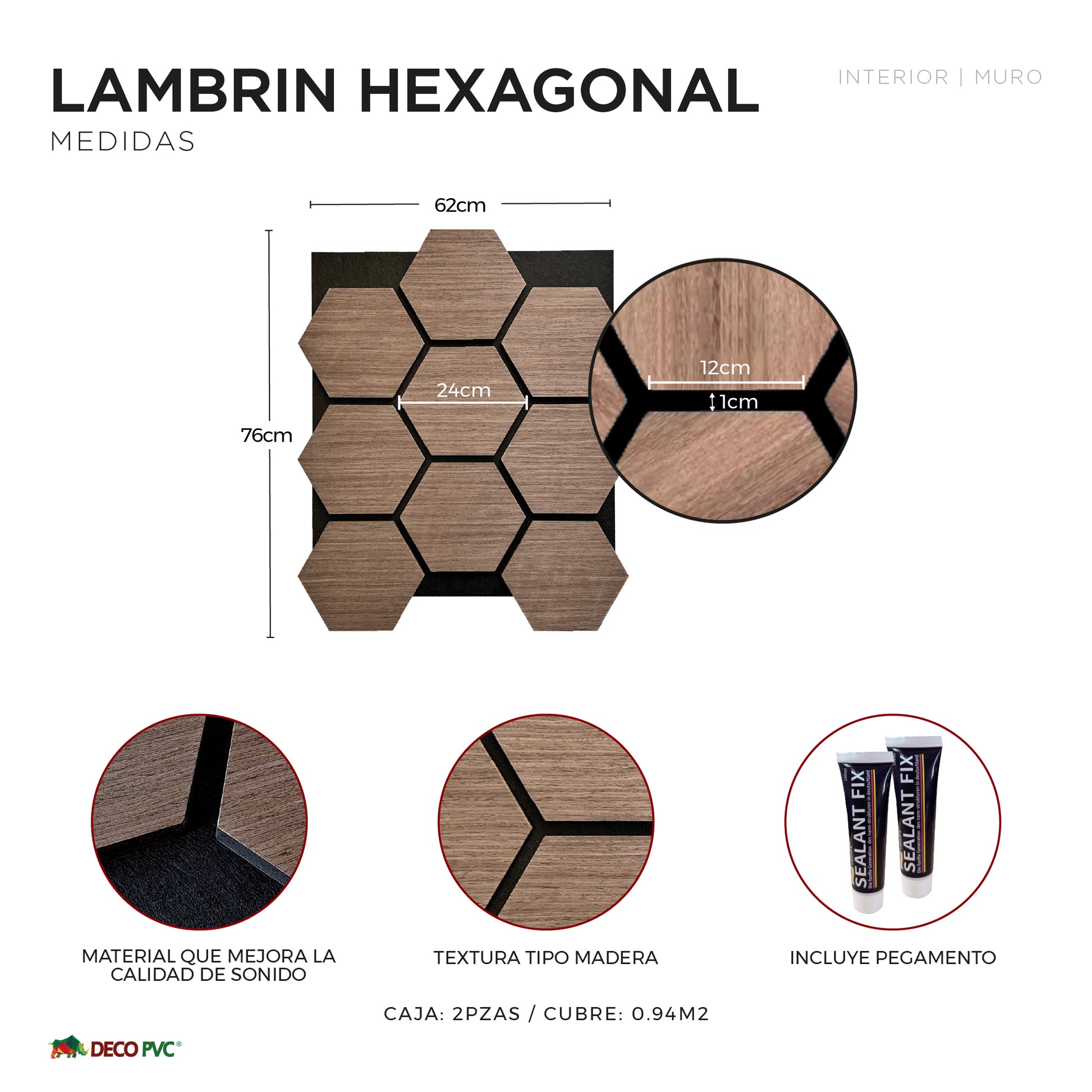 Lambrin Acústico Hexagonal / 2pzas / 62*76cm