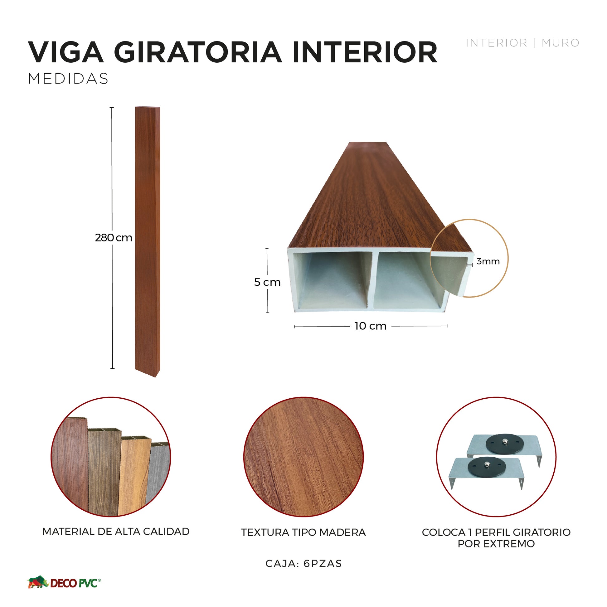 Viga Giratoria para Interior WPC / 6pzas / 5*10*280cm