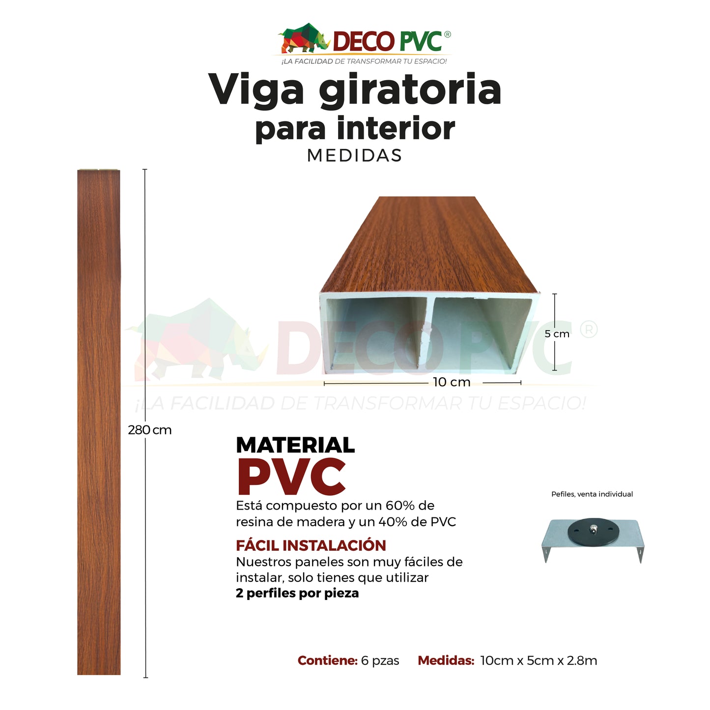 Viga Giratoria para Interior WPC / 6pzas / 5*10*280cm